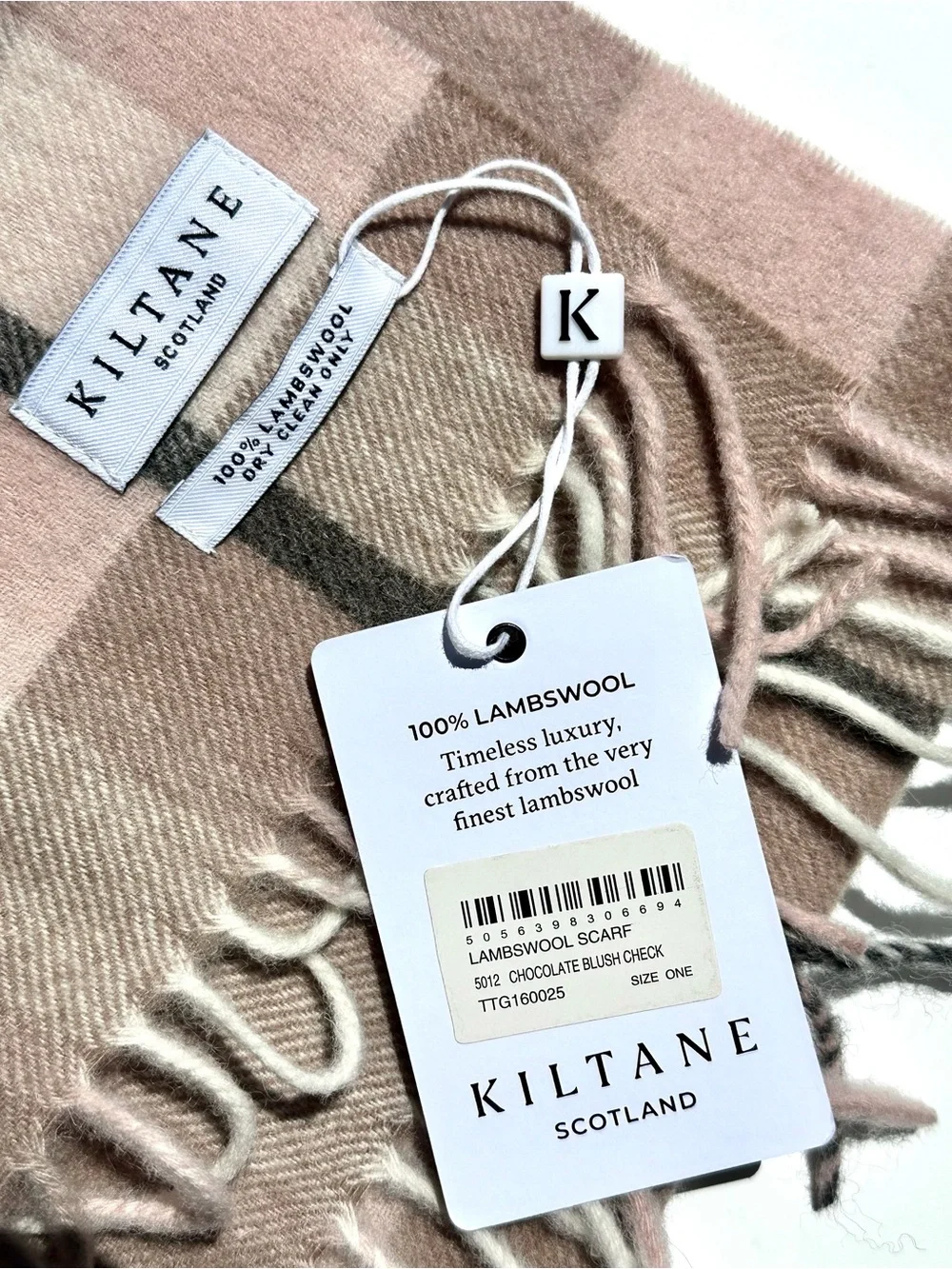 NWT Kiltane Lambswool Pink, Cream, Black & Brown Plaid Check Fringed Scarf 62x12